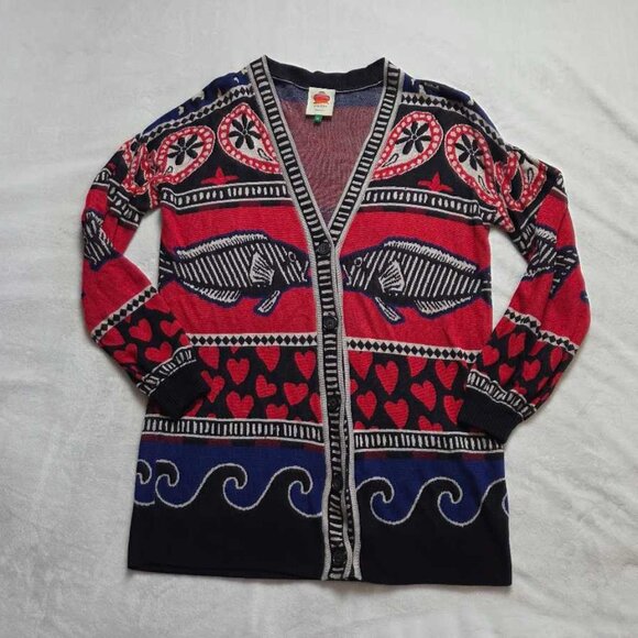 XS Farm Rio x Anthropologie navy mixed prints knit cardigan sweater Fish Hearts - Picture 1 of 12